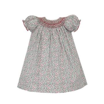 Petit Bebe Sophia - Green & Red Hoilday Print Bishop Short Sleeve-PETIT BEBE-Little Giant Kidz