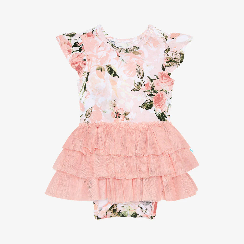 Posh Peanut Vintage Pink Rose Ruffled Cap Sleeve Tulle Skirt Bodysuit-Posh Peanut-Little Giant Kidz