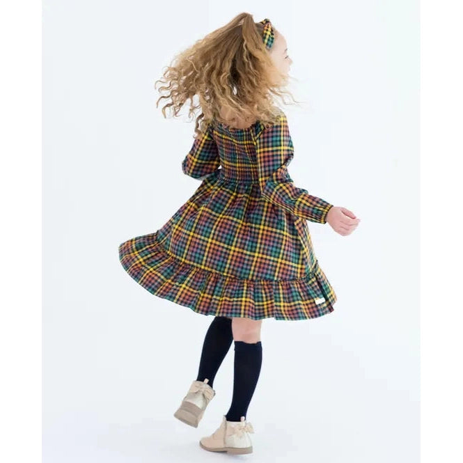 RuffleButts Harvest Rainbow Gingham Long Sleeve Smocked Ruffle Hem Dre