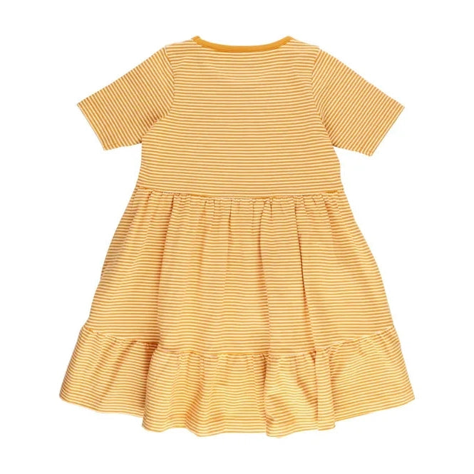 RuffleButts Tiny Honey Stripe Knit Short Sleeve Ruffle Dress-RUFFLEBUTTS-Little Giant Kidz
