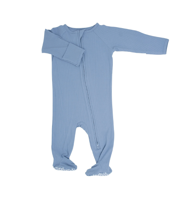 SWEET BAMBOO Zipper Footie - Blue Fog Ribbed