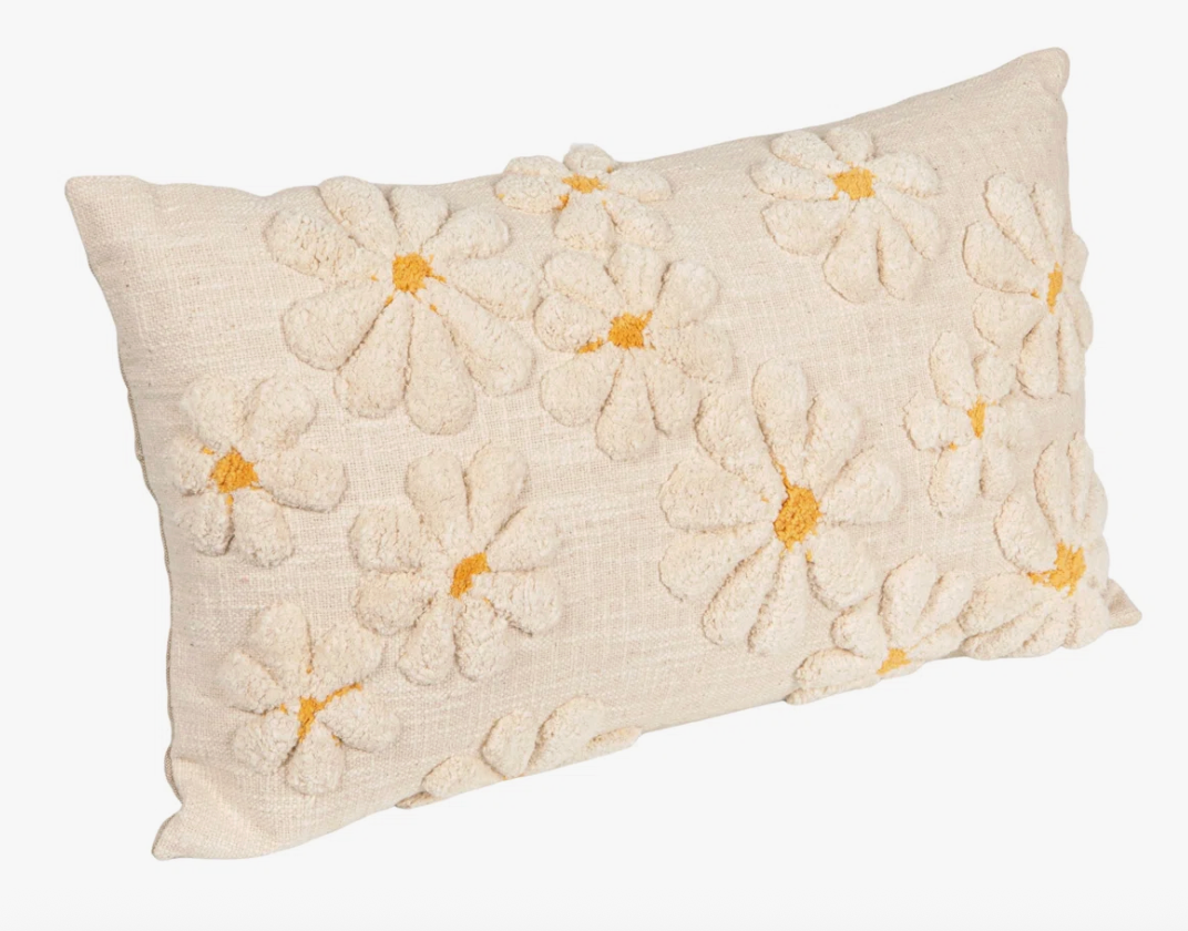 Creative Co-Op Cotton Slub Lumbar Pillow with Tufted Flowers, Natural & Yellow