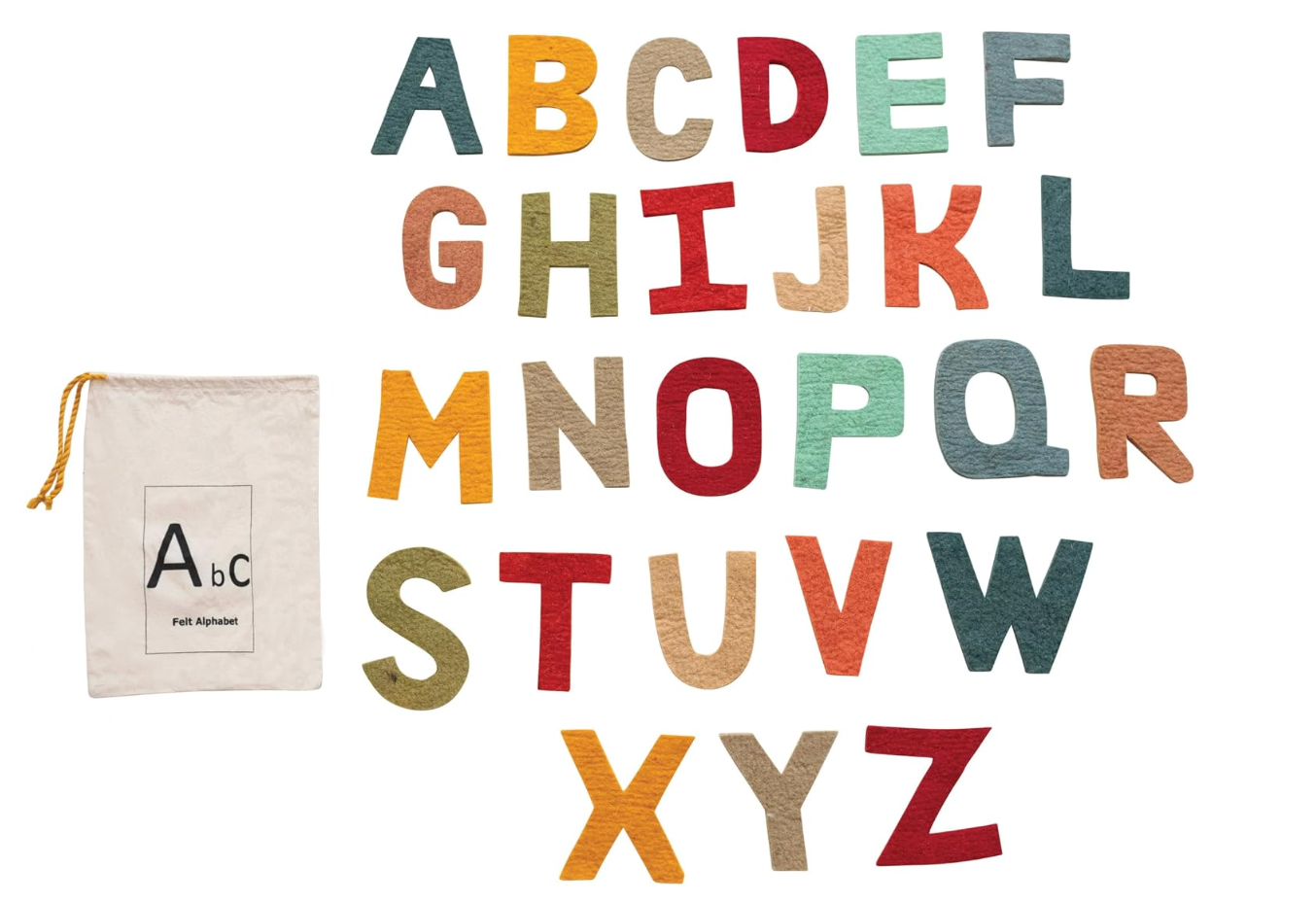 Creative Co-Op Handmade Wool Felt Alphabet, Set of 26 in Printed Drawstring Bag
