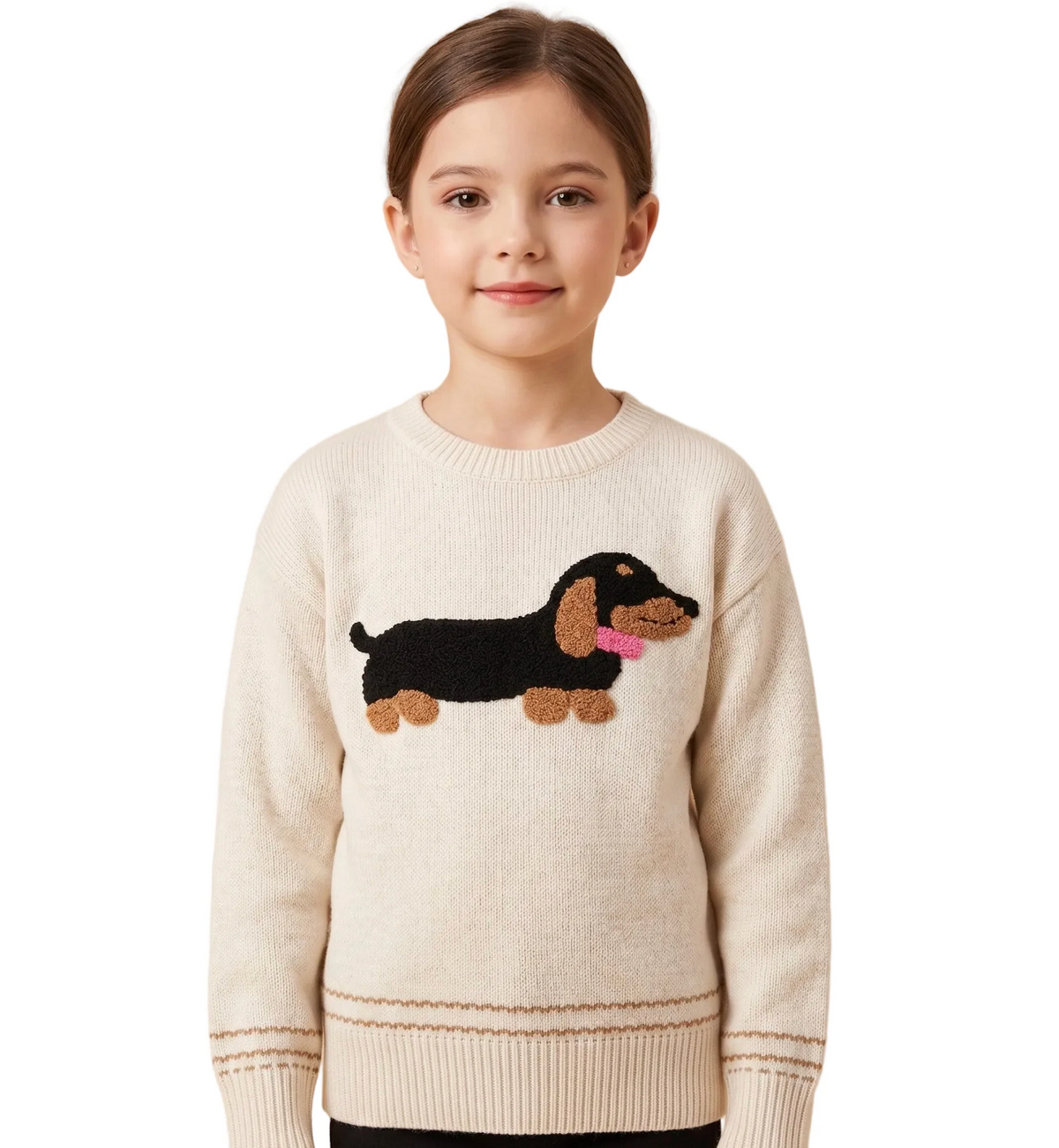 Hayden Girl's Oatmeal Fuzzy Dachshund Applique Knit Sweater
