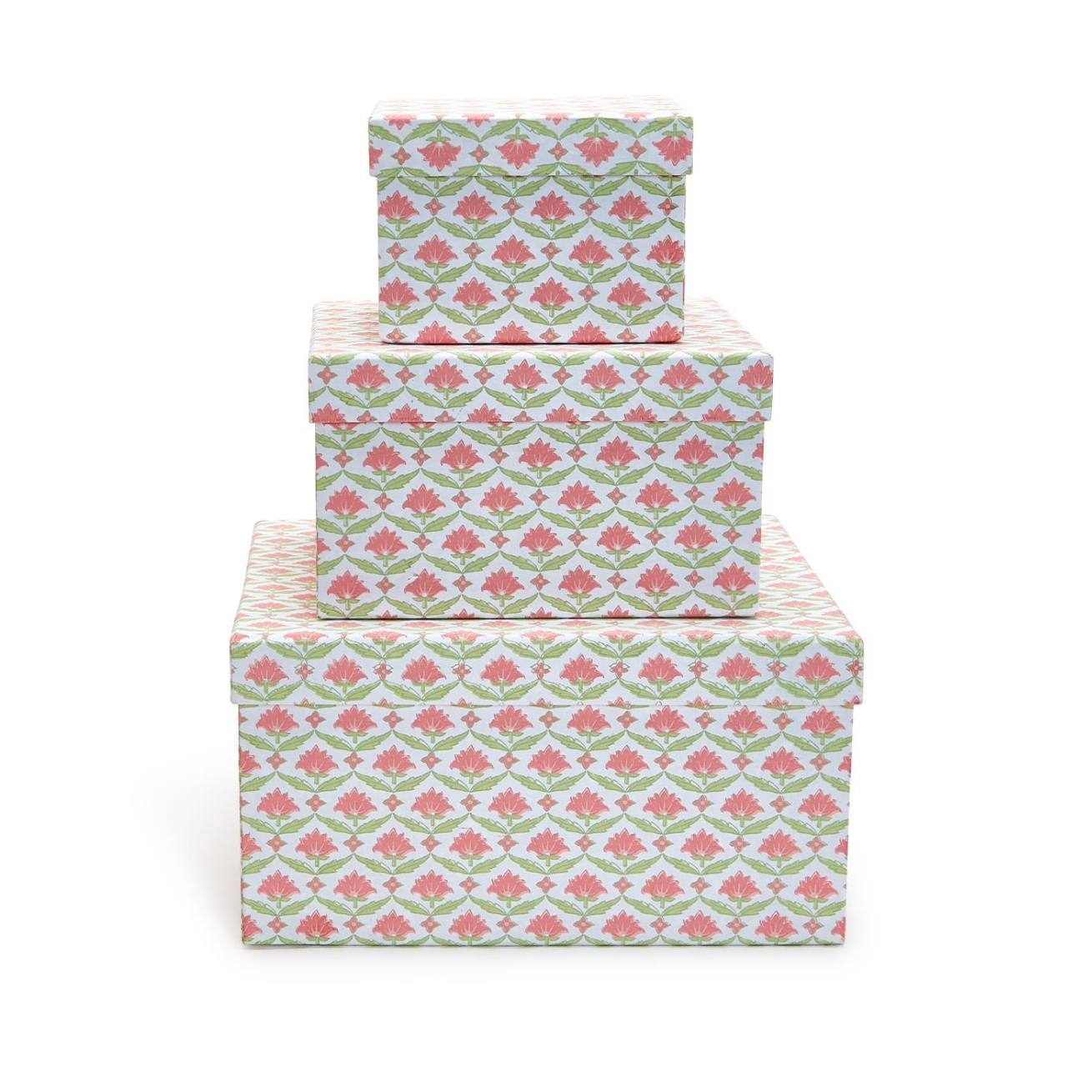 Two's Company Floral Block Print Set of 3 Cotton Paper Nested Boxes-TWO'S COMPANY-Little Giant Kidz