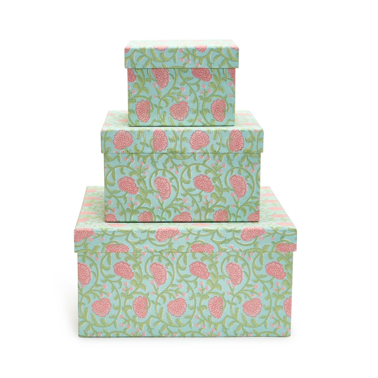 Two's Company Floral Block Print Set of 3 Cotton Paper Nested Boxes-TWO'S COMPANY-Little Giant Kidz