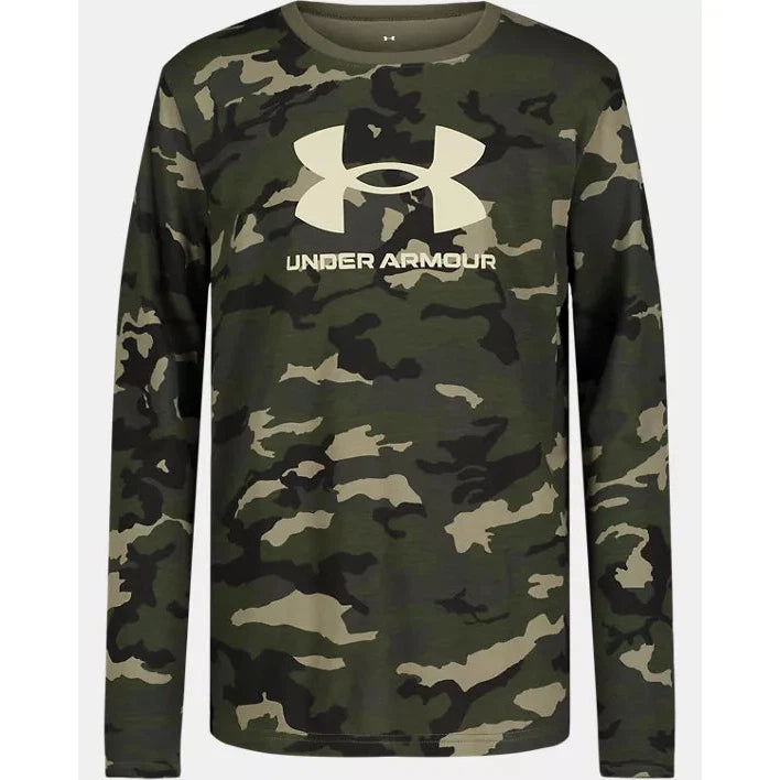 Under Armour Boy's UA Woodland Camo Logo Long Sleeve - Marine OD Green-UNDER ARMOUR-Little Giant Kidz
