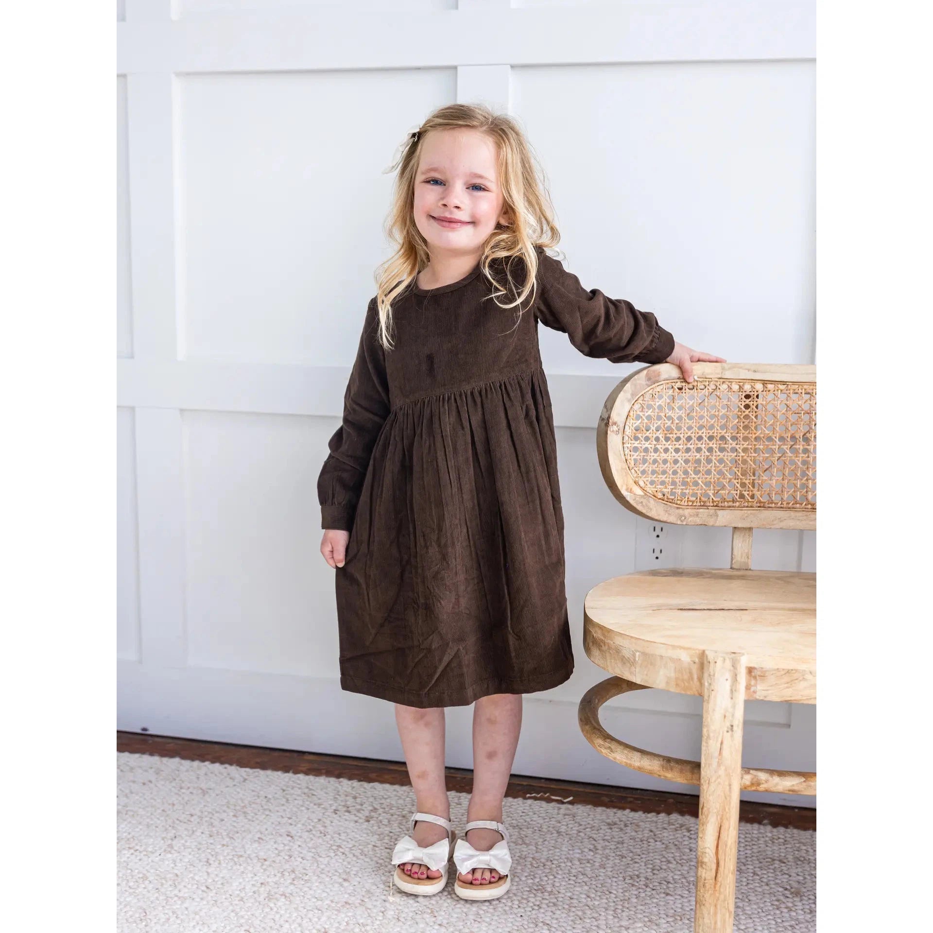 Yo Baby Brown Corduroy Solid Color Long Sleeves Gathered Dress-Yo Baby-Little Giant Kidz