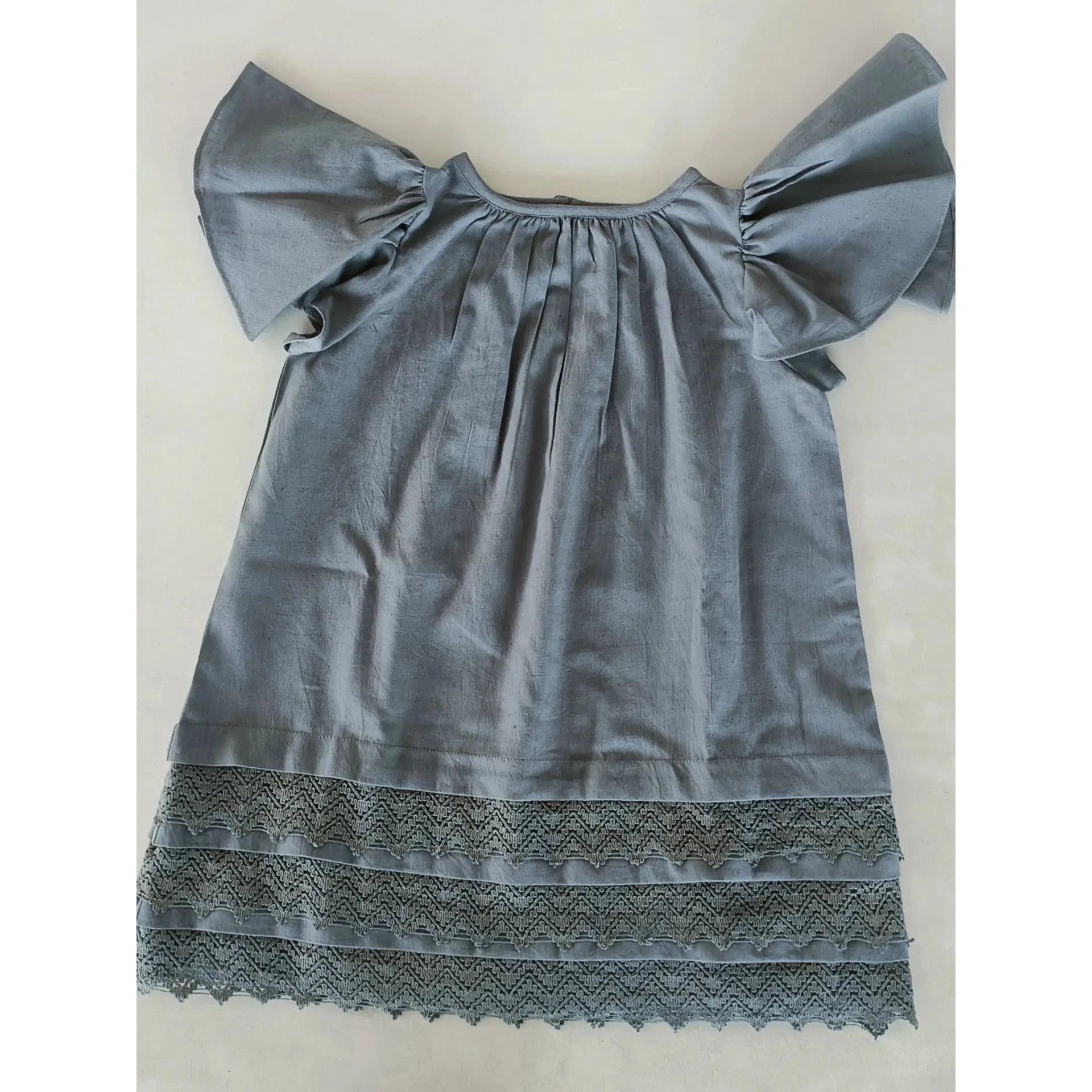 Yo Baby Grey Solid Color Sleeve & Neck Gathered Toddler Dress 4