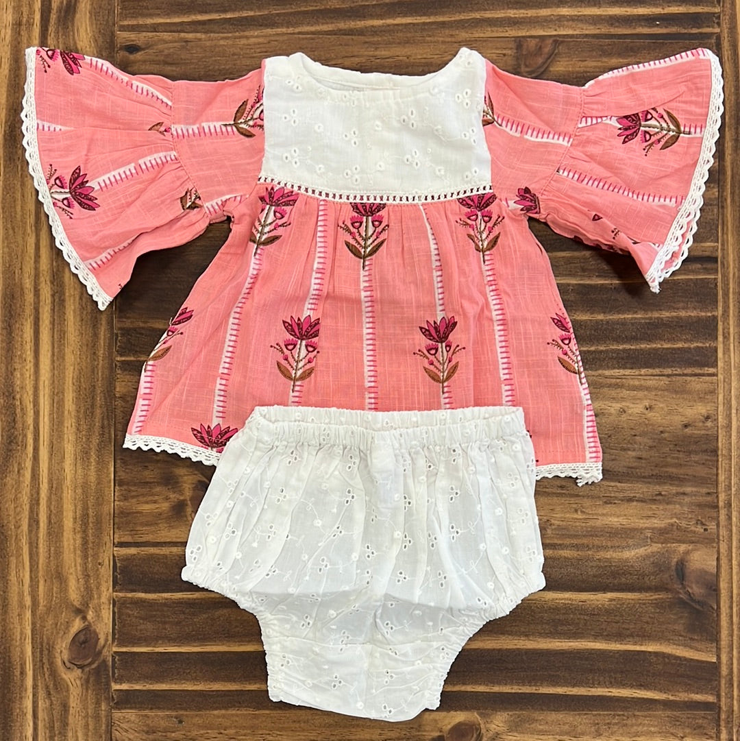 Yo Baby Pink Floral Bell Sleeves Dress & Diaper Cover Set-Yo Baby-Little Giant Kidz