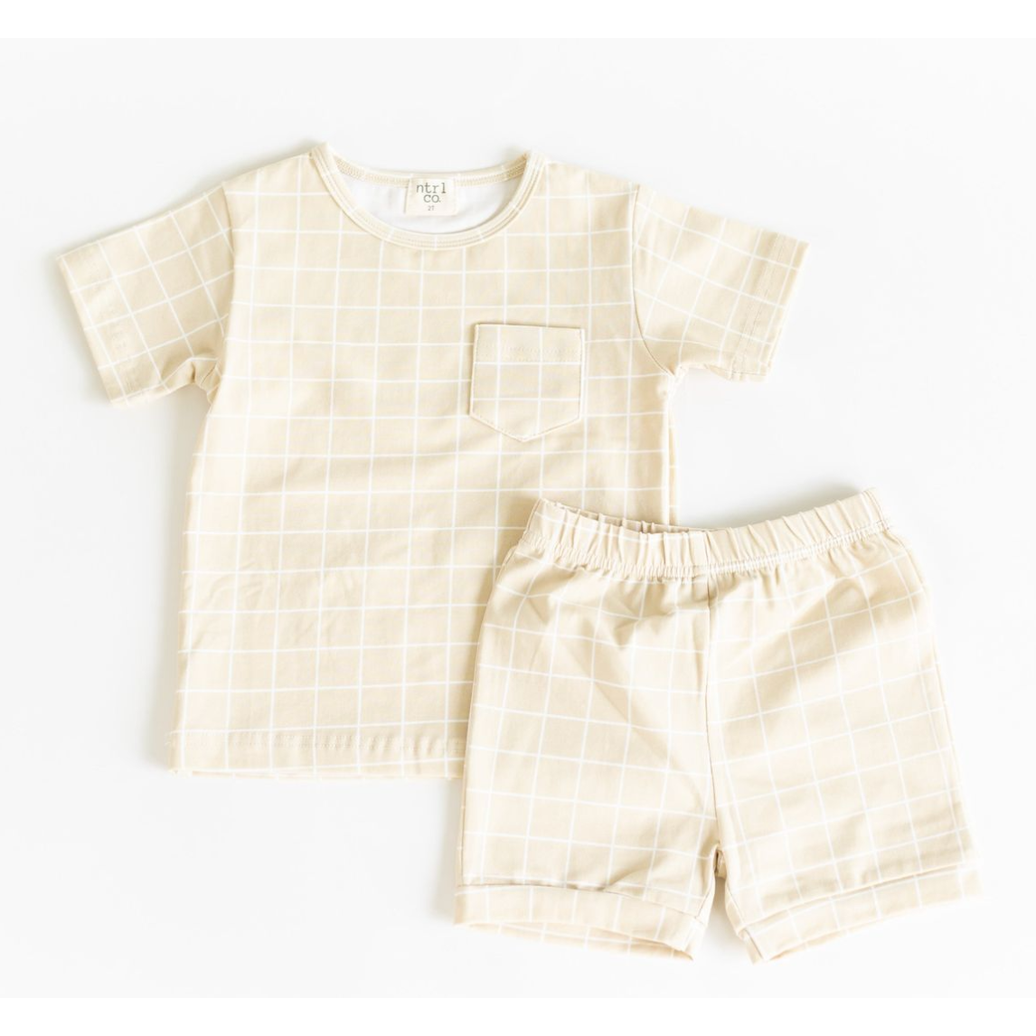 ntrl co Playtime Short Sleeve Short Set- Ocean Grid Tan-ntrl co-Little Giant Kidz