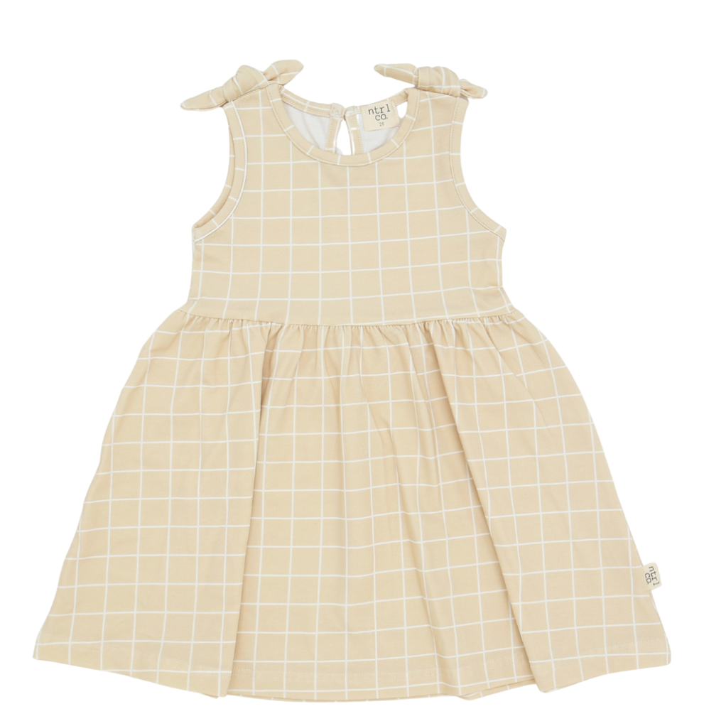 ntrl co Short Sleeveless Twirl Dress- Tide with Love Ocean Grid Tan-ntrl co-Little Giant Kidz