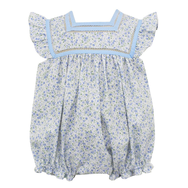 Anavini Blue Pique Floral Sleeveless Romper with Solid Blue Trim Bodice-ANAVINI-Little Giant Kidz