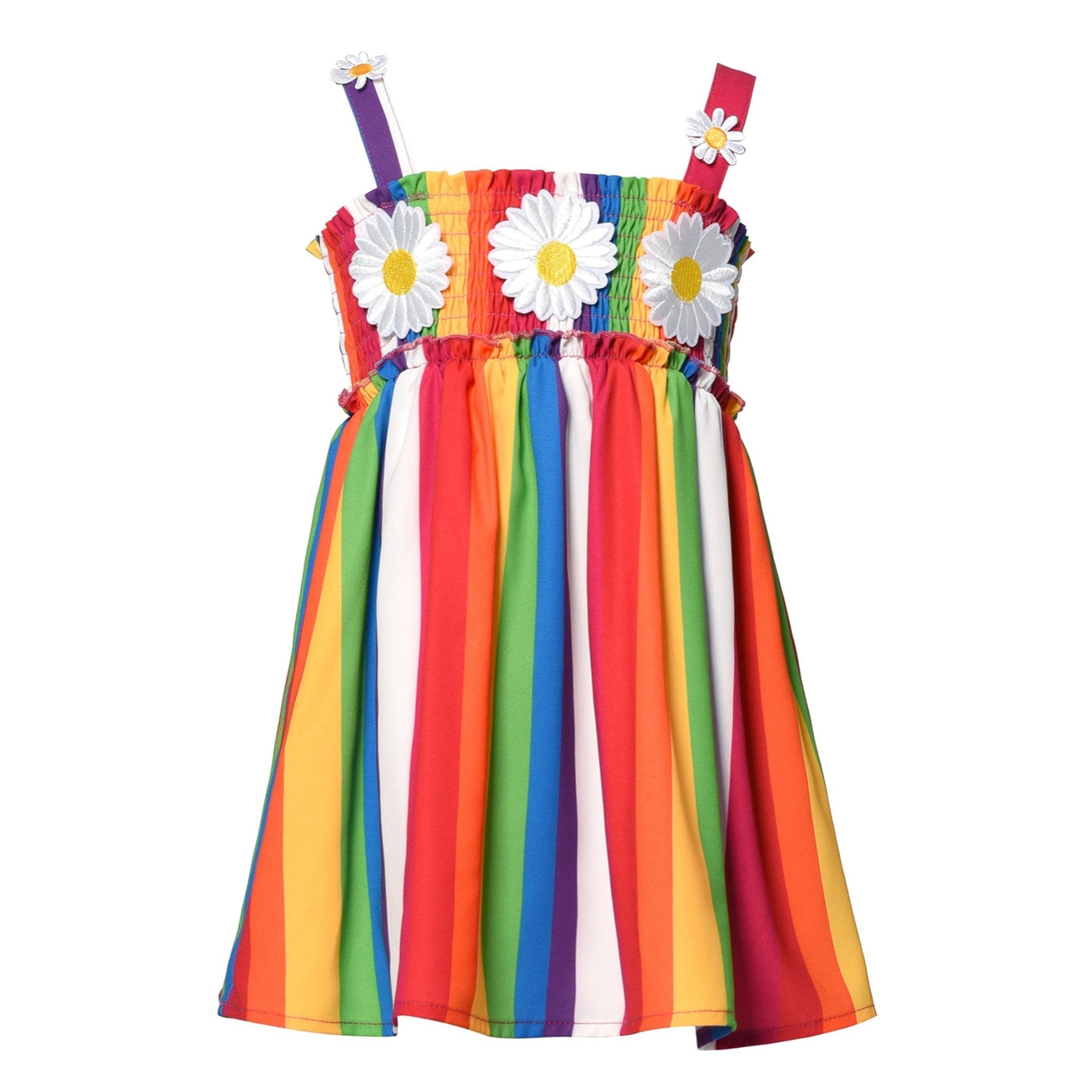 Baby Sara Smocked Top Daisy Trim Detail Dress - Rainbow-Baby Sara-Little Giant Kidz