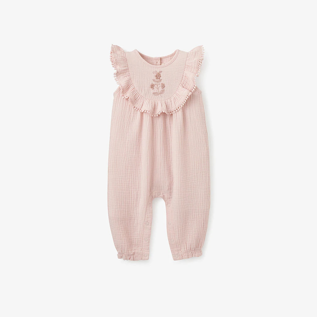 Elegant Baby Pink Floral Embroidered Organic Muslin Jumpsuit-ELEGANT BABY-Little Giant Kidz