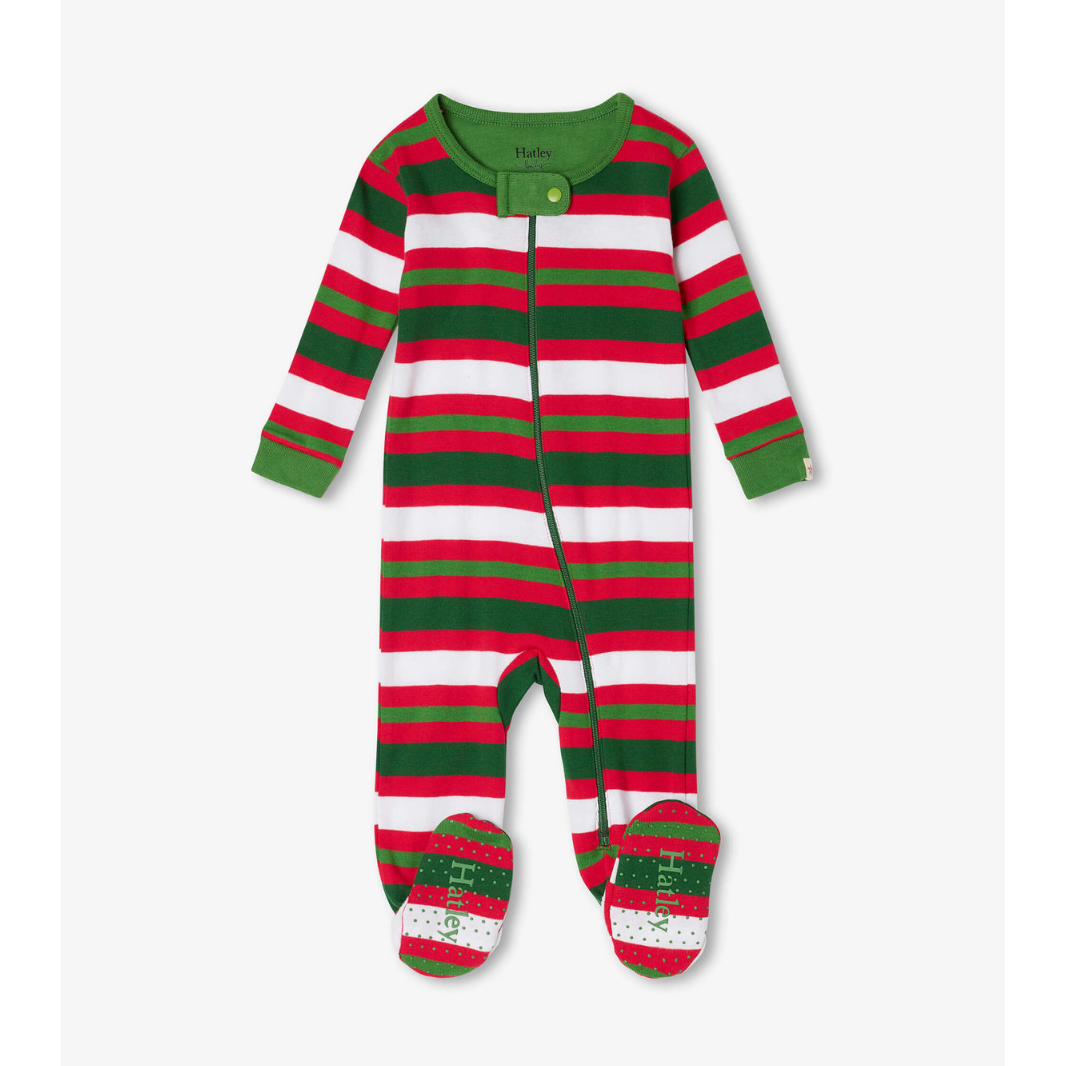 Hatley Candy Cane Stripes Organic Cotton Footed Coverall - Chex Red-HATLEY-Little Giant Kidz