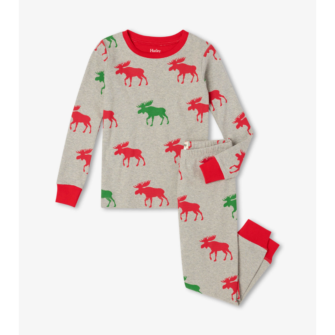 Hatley Holiday Moose Organic Cotton Pajama Set - Grey Melange-HATLEY-Little Giant Kidz