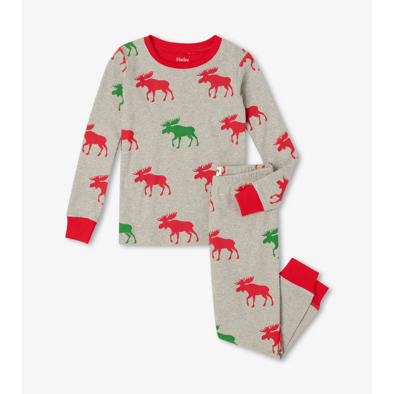 Hatley Holiday Moose Organic Cotton Pajama Set - Grey Melange-HATLEY-Little Giant Kidz