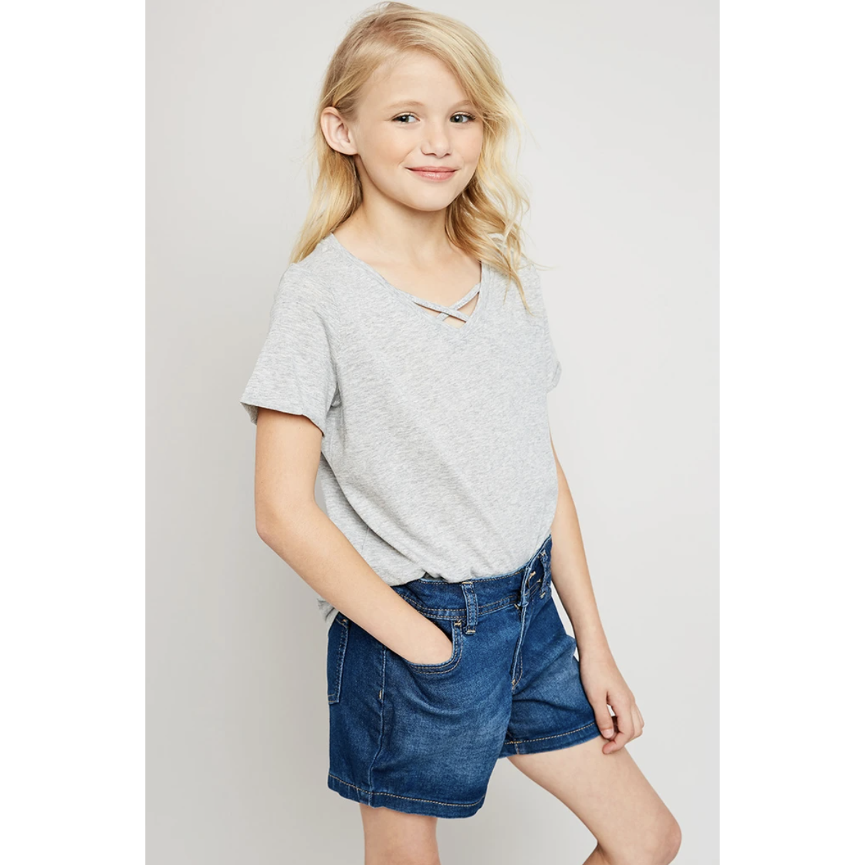Hayden Girls Heather Grey Criss Cross T-shirt-HAYDEN GIRLS-Little Giant Kidz