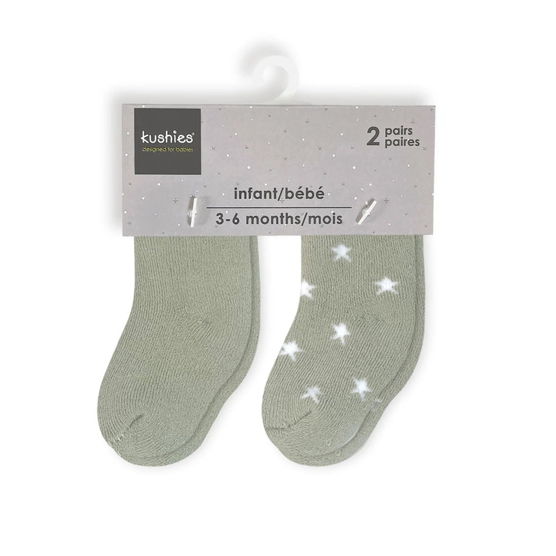 Kushies Infant Socks 2-Pack - Sage Solid/Stars-KUSHIES-Little Giant Kidz