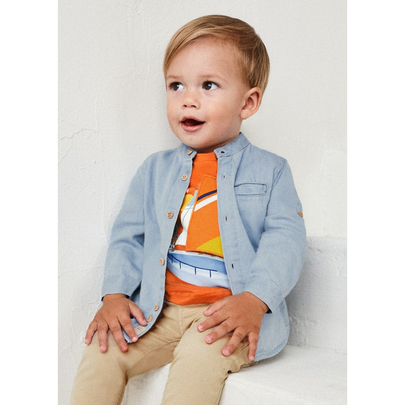 Mayoral Baby Boy Mandarin Collar Denim Shirt - Bleach-MAYORAL-Little Giant Kidz