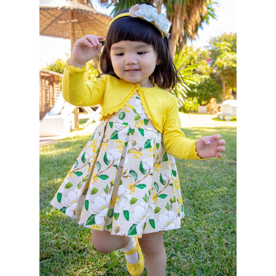 Mayoral Beige Cotton Floral Printed Dress-MAYORAL-Little Giant Kidz