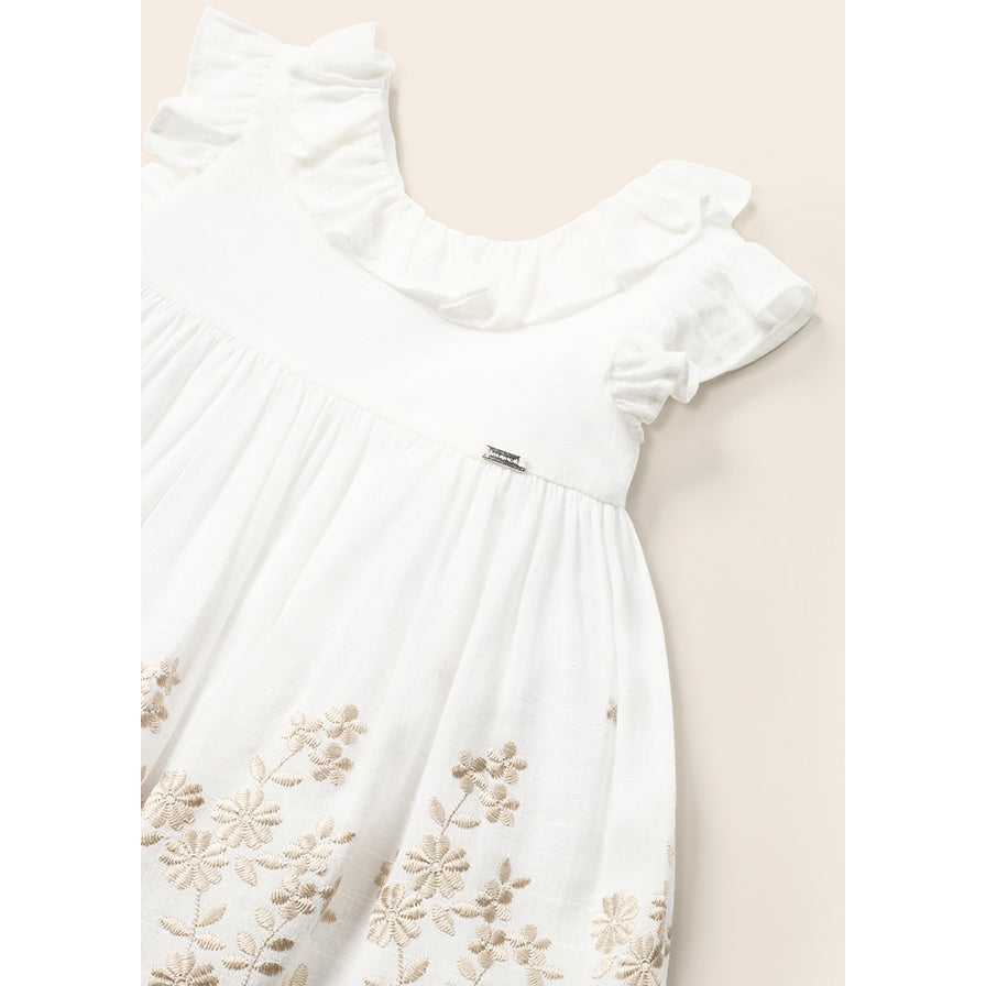 Mayoral White Embroidered Motif Linen Dress-MAYORAL-Little Giant Kidz
