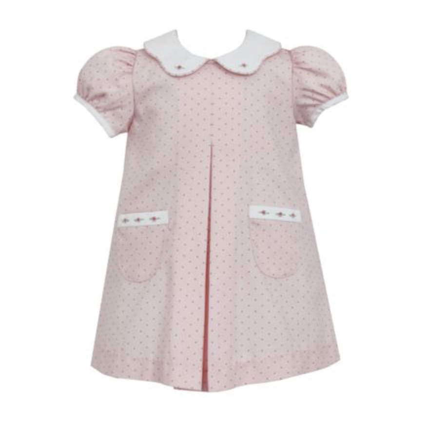 Petit Bebe Pink Dot Pleat Dress - Scallop Collar & Pockets-PETIT BEBE-Little Giant Kidz