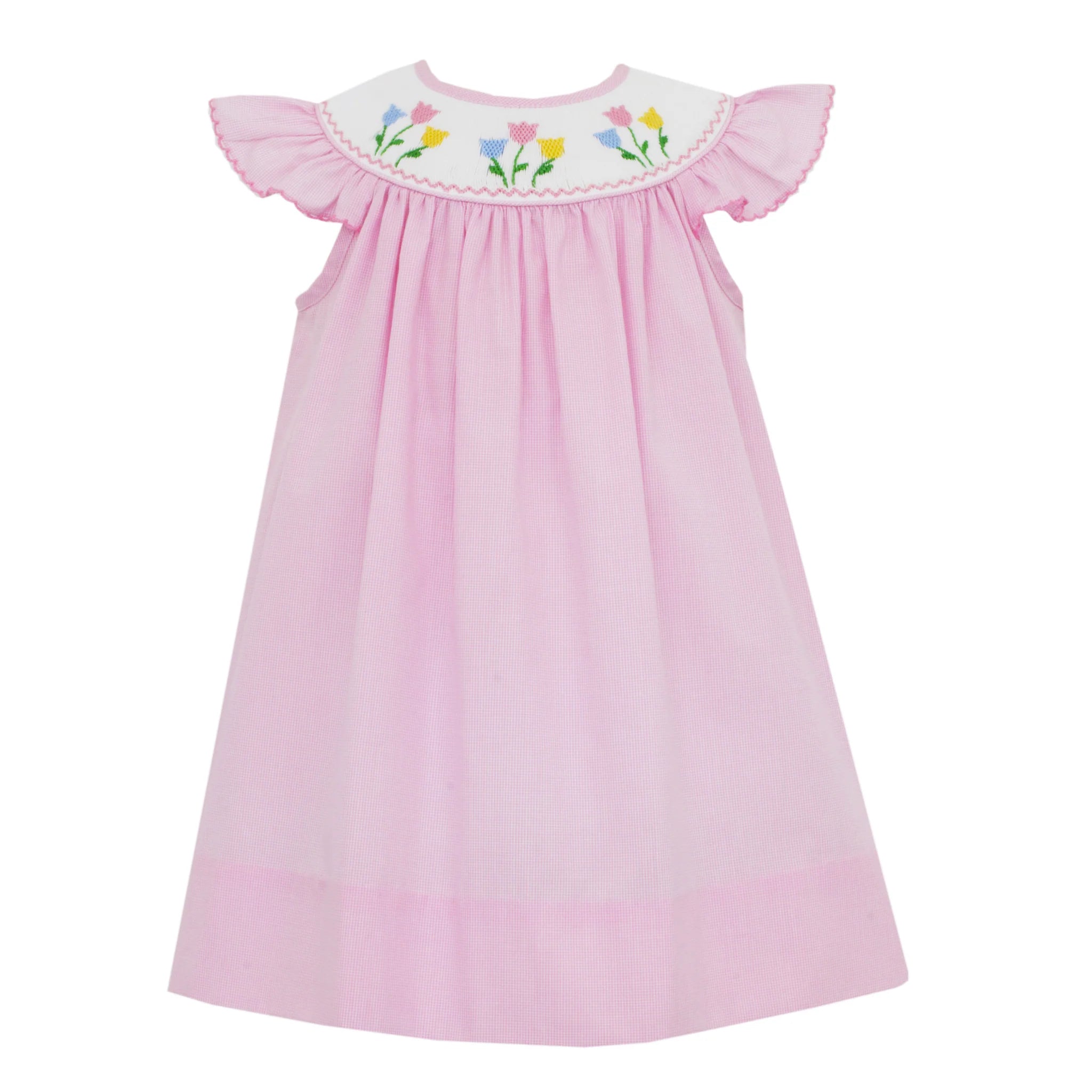 Petit Bebe Tulip Garden Angel Wing Bishop Smocked Dress - Pink Mini Check-PETIT BEBE-Little Giant Kidz