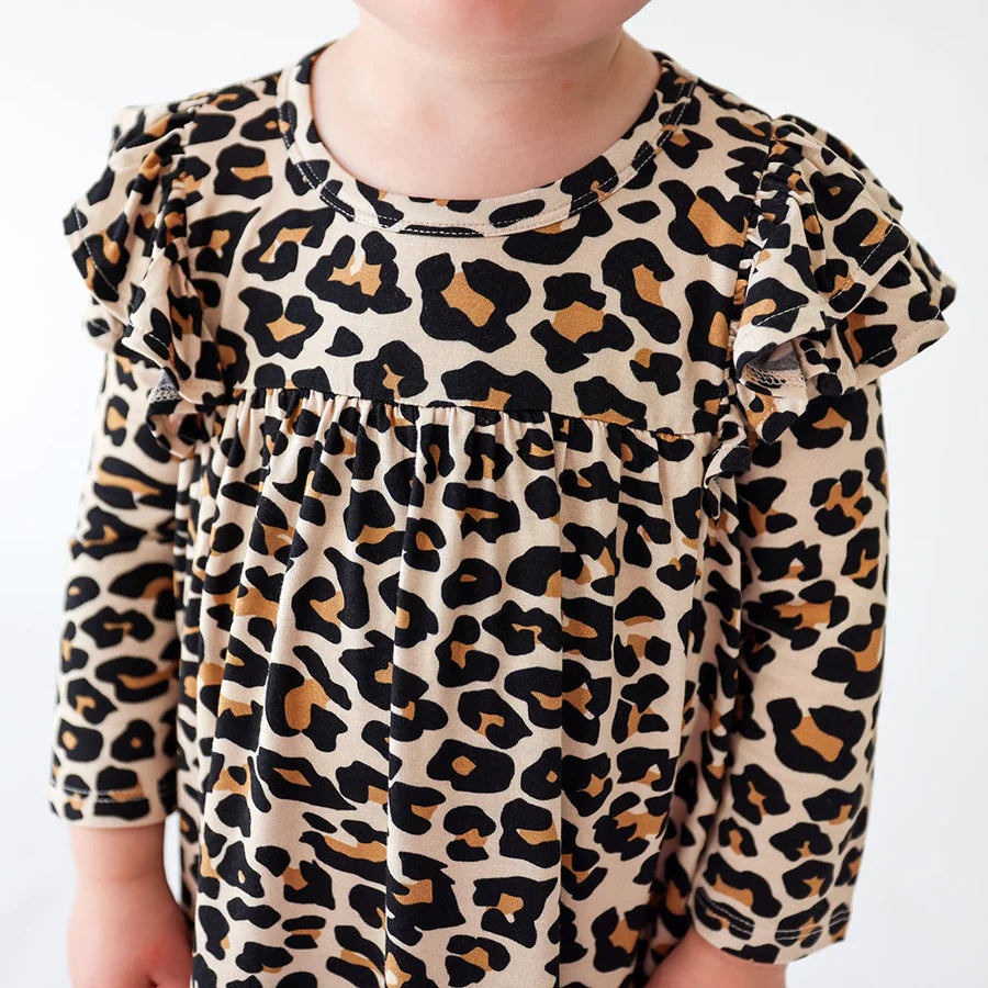 Posh Peanut Lana Leopard 3/4 Sleeve Flutter Dress-Posh Peanut-Little Giant Kidz