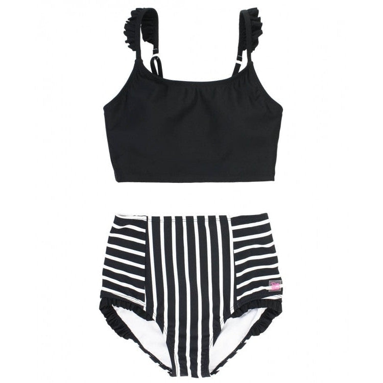 RuffleButts Black & White Stripe Flutter High Waisted Bikini-RUFFLEBUTTS-Little Giant Kidz