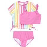 RuffleButts Rainbow Stripe Cropped Rash Guard Bikini 3-Piece Set-RUFFLEBUTTS-Little Giant Kidz