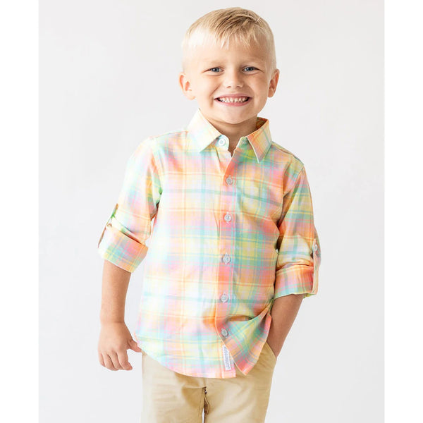 RuggedButts New Rainbow Plaid Long Sleeve Button Down Shirt-RUGGEDBUTTS-Little Giant Kidz