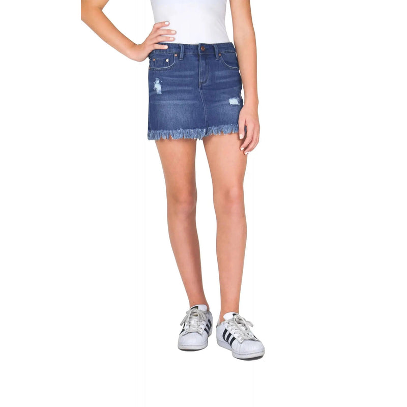 Tractr Girls Lisa Fray Hew Denim Mini Skirt - Medium Indigo-TRACTR JEANS-Little Giant Kidz