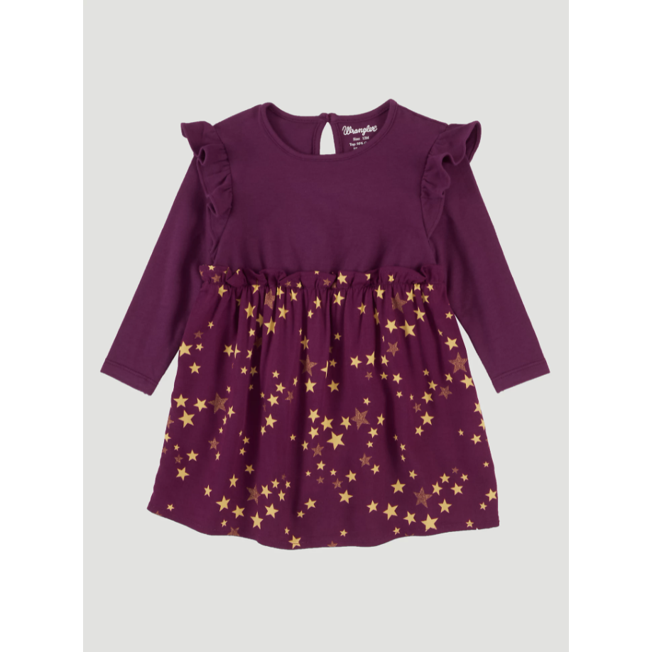 Wrangler Baby Girl Long Sleeve Ruffle Trim Star Print Dress - Maroon Purple-Wrangler-Little Giant Kidz