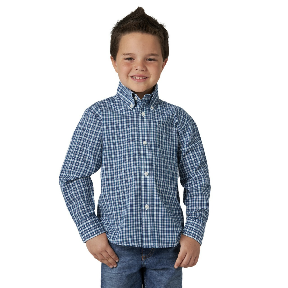Wrangler Boy's Riata Long Sleeve Plaid Button Up Shirt - Blue-Wrangler-Little Giant Kidz