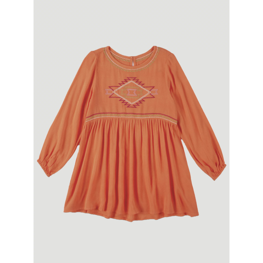 Wrangler Girl's Long Sleeve Southwestern Embroidered Dress - Orange-Wrangler-Little Giant Kidz