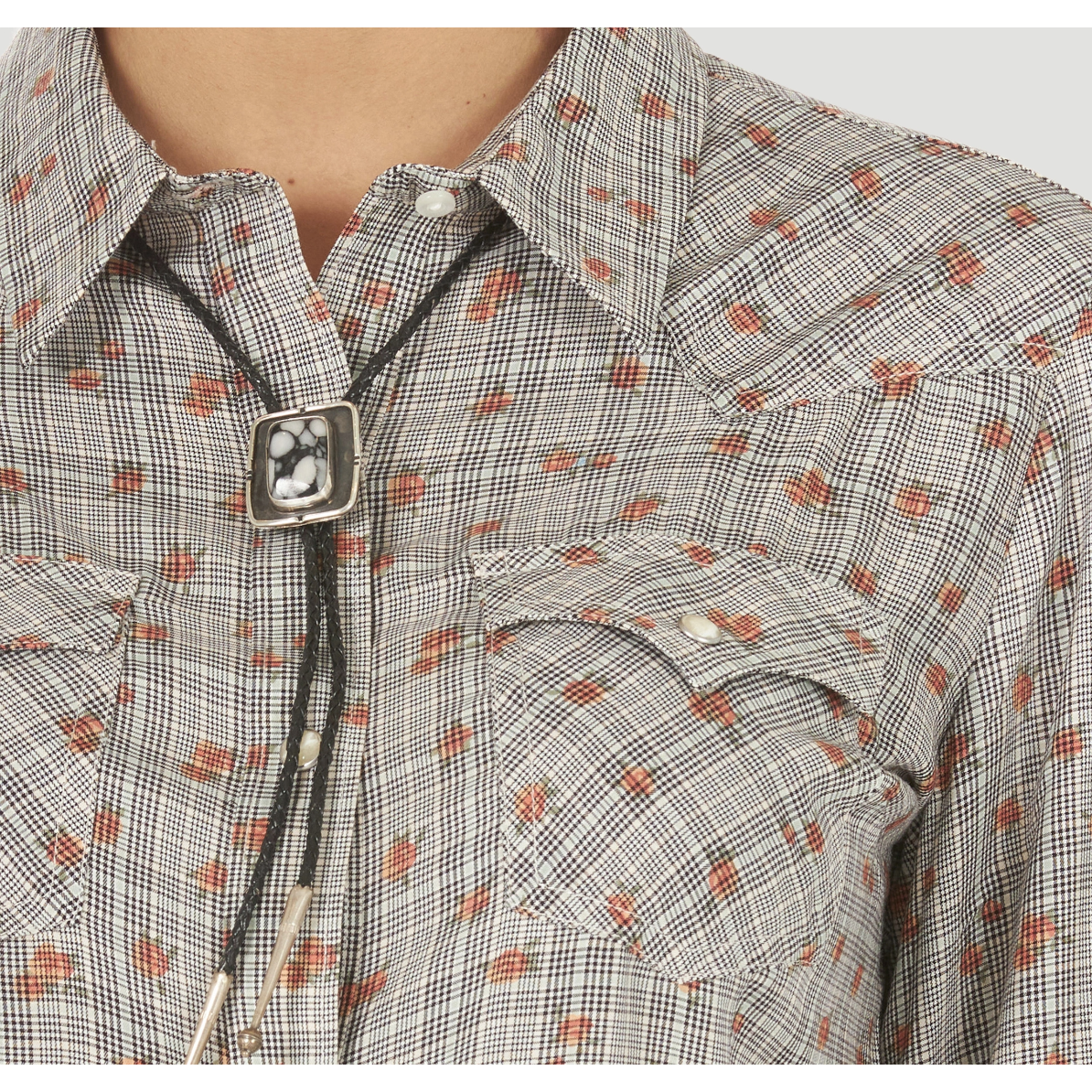 Wrangler Women's Wrangler Retro® Long Sleeve Western Snap Plaid Overprint Top in Grey Multi-Wrangler-Little Giant Kidz